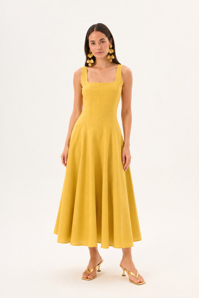 LADYA COLLECTION Yellow Linen Strap Square Neck A-Line Panel Detailed Cotton ...