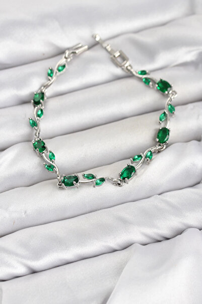 Clariss Brass Silver Color Green Zircon Stone Flower Model Women's Bracelet