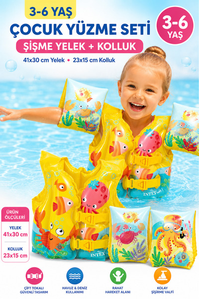 YILDIRIM OYUNCAK 3–6 Yaş Şişme Çocuk Yüzme Yeleği ve Kolluk Seti – Çift Tokal...