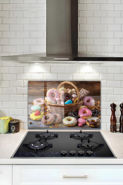 kutuTR Ocak Arkası Temperli Cam Koruyucu Uv Baskı –Donut Ve Tatlı Temalı Tasa...