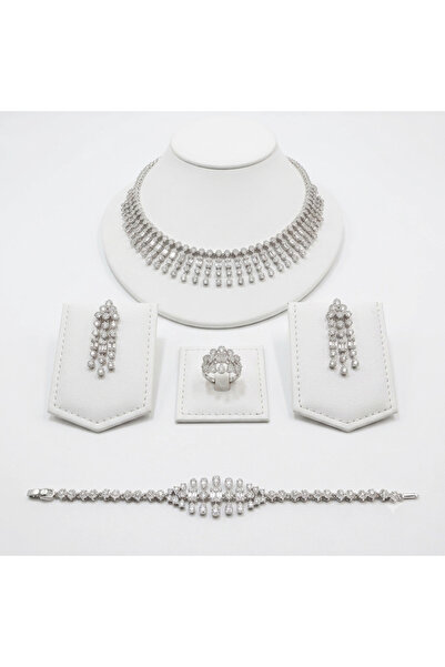 Generic Silver Tone CZ Floral Cascade Jewelry Set 4 Piece Necklace Earrings R...