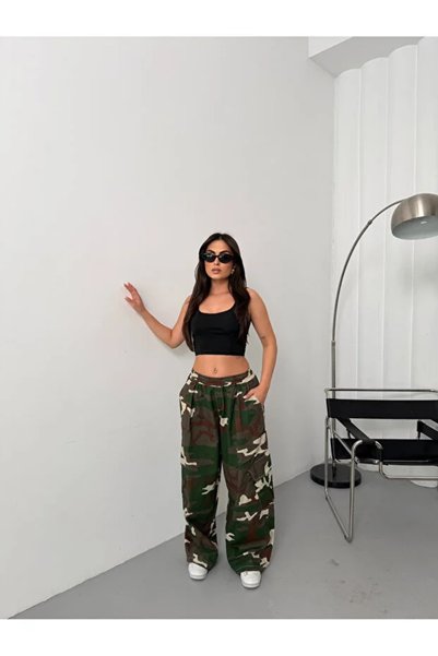 Violon Khaki Camouflage Patterned Baggy Trousers