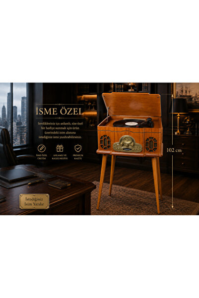 crownwel Kişiye Özel Nostaljik Ahşap Ayaklı Pikap ve Müzik Seti