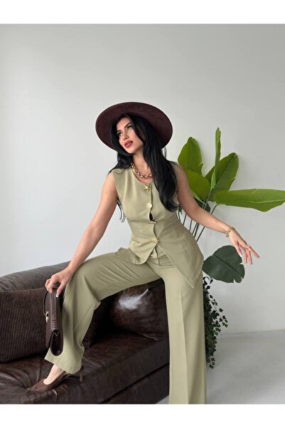 SUXİRCNHTMTS Asymmetrical Cut Design Buttoned Vest and Palazzo Trousers Two-P...