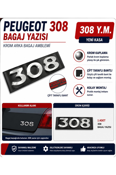 İthal Peugeot 308 Bagaj Yazısı Krom Arka Bagaj Amblemi Yeni Kasa Uyumlu