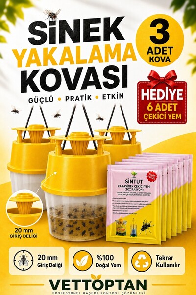 vettoptan Sinek Yakalama Kovası 3 Adet 6 Adet Çekici Yem Hediyeli Karasinek T...