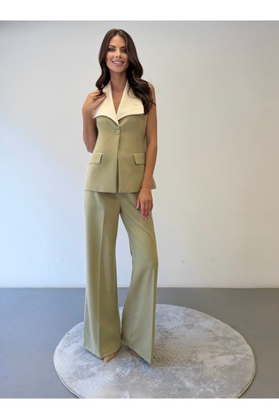 ossons Garnili Geniş Yakalı Kontrast Detaylı Yelek Pantolon Takım - ( Açık Haki , Krem )