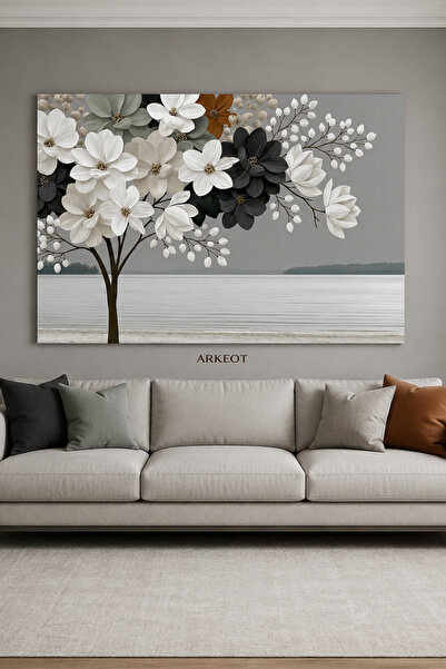 Arkeot Modern Monokrom Çiçekler Dekoratif Kanvas Duvar Tablosu Modern Büyük Y...