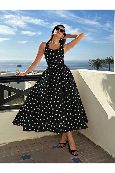 mass fashion Kadın Puantiye Desenlı Uzun Asklı Elbise