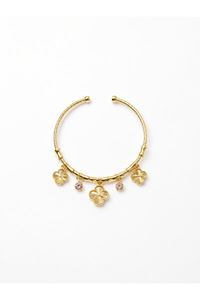 Lilith Takı Elegant Clover Figured Stone Detailed Gold Color Women's Bracelet...