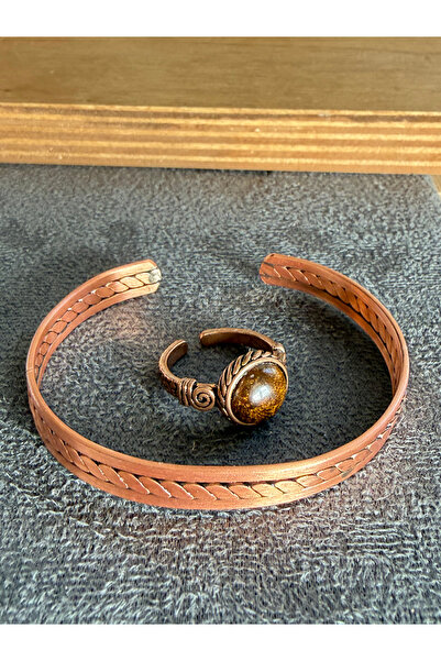 Rupen Kraft Handcrafted copper bracelet and natural stone ring set, adjustabl...