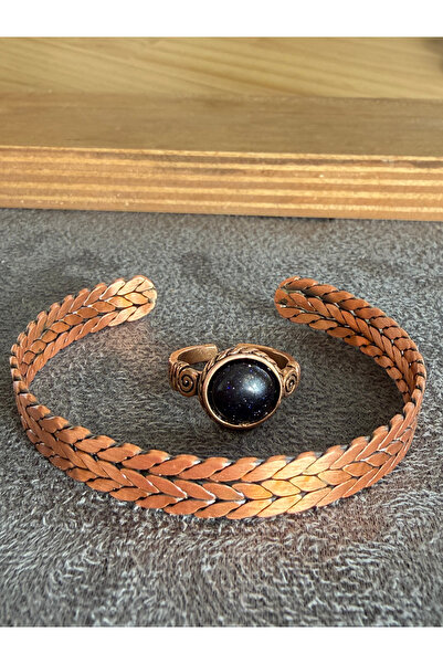 Rupen Kraft Handcrafted copper bracelet and natural stone ring set, adjustabl...