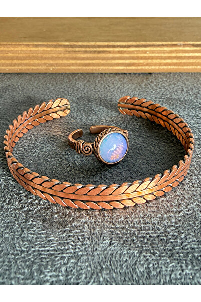 Rupen Kraft Handcrafted copper bracelet and natural stone ring set, adjustabl...