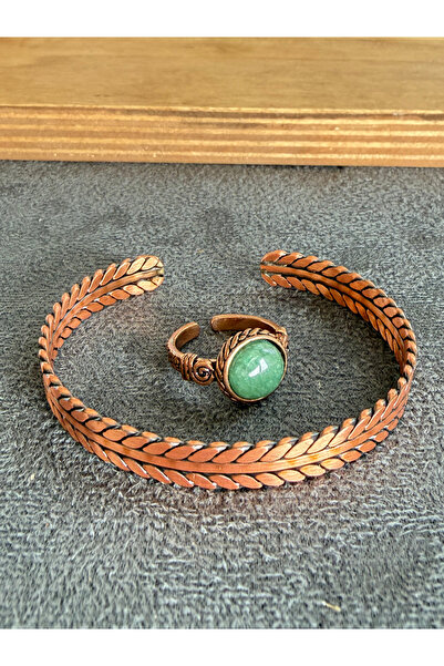 Rupen Kraft Handcrafted copper bracelet and natural stone ring set, adjustabl...