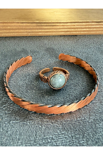 Rupen Kraft Handcrafted copper bracelet and natural stone ring set, adjustabl...