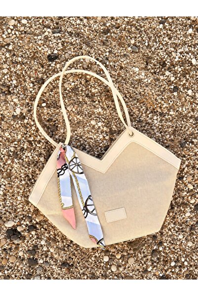 SANTA FLEX Beige Straw Shoulder Bag with Faux Leather Details (Scarf Not Incl...