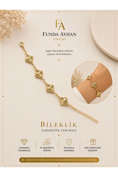 FTA TİCARET Funda Ayhan Four Leaf Motif Gold Bracelet – Elegant and Stylish D...