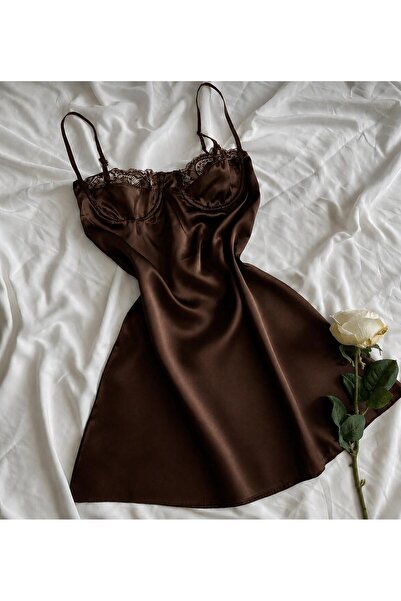 HAMA LOVE Women's Brown Satin Nightgown