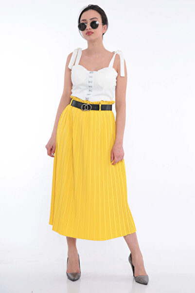 FIRST STYLE Turkish Bilekseh High Waist Yellow Skirt with Leather Belt for a ...