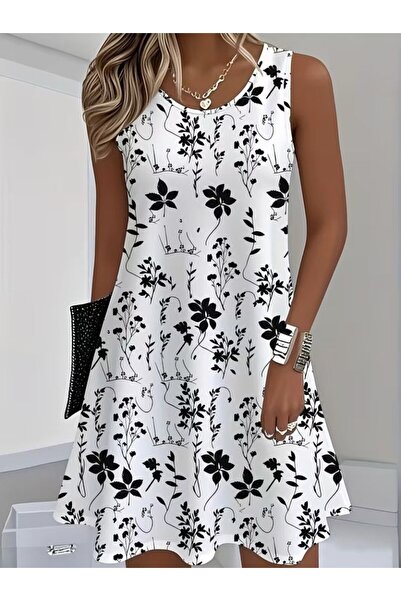 buğrahayalin Women's Strappy Round Neck Patterned Short Single Jersey Dress