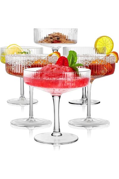 SPNOR Ribbed Coupe Glasses, 6 Pcs 10 oz Vintage Cocktail Coupe Glasses Set, U...