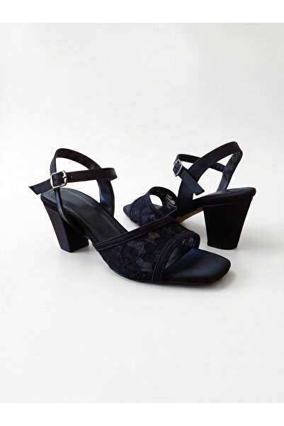 muhhu moda Pantofi de damă cu toc, din satin, cu detalii din dantelă, înălțim...