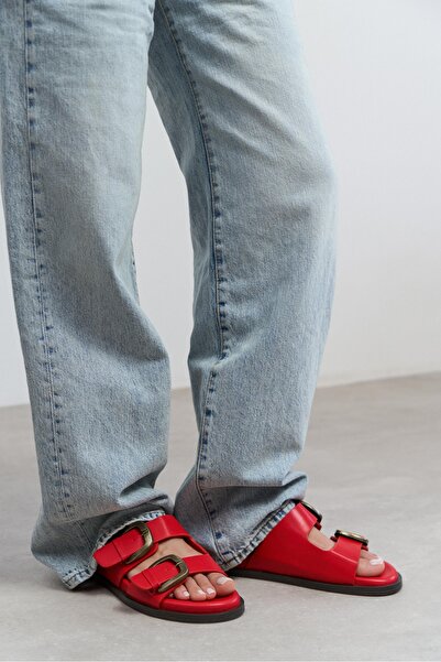 NİŞANTAŞI SHOES Ting Red Matte Double Buckle Detail Flat Sole Women's Slippers