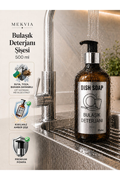 Mekvia Plastik Amber Bulaşık Deterjanı Şişesi 500 ml Pompalı Metalize Etiketl...