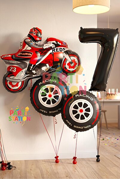 Parti Station Motorcycle Themed 7 Year Old Foil Balloon Set 4 Piece Motorcycl...