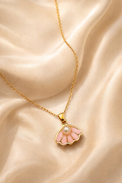 THE Steel Women's Gold Color Pink Seashell Figured Pearl Detailed Necklace