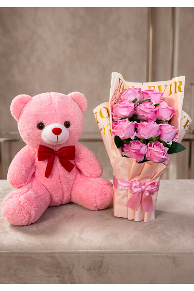 Linalux Gifts Sevgiliye Ayicik 35 cm ve Pembe Buket Gül