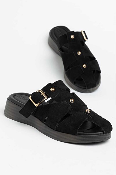 Moda Hanım Women's Black Suede Buckle Detailed Orthopedic Sole Sandals