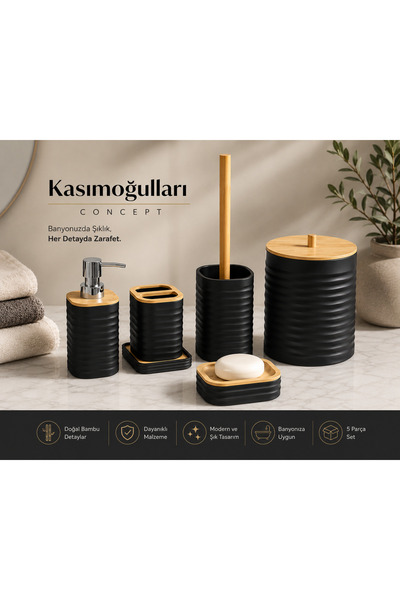 kasımoğulları concept Olivia 5 Piece Bamboo Detailed Luxury Bathroom Set – Black