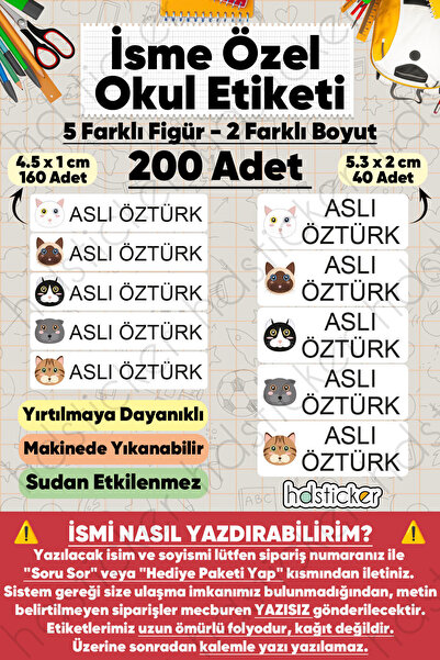 hdsticker 200 Adet Kedi Desenli İsme Özel Okul Etiketi Kişiye Özel İsim Baskı...
