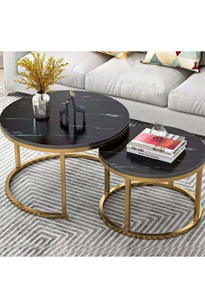 Vivendo Set 2 masute rotunde de cafea cu efect de marmura, blat MDF, cadru me...
