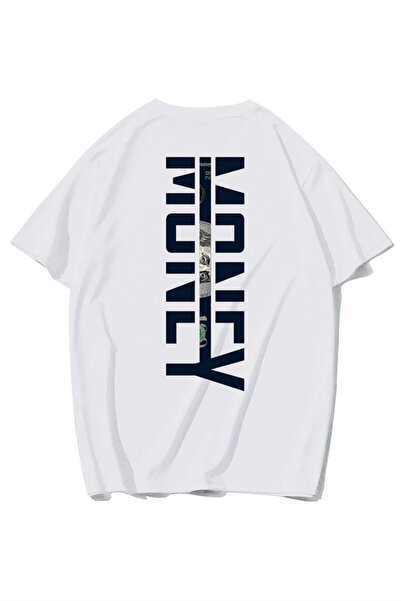 BRZ COLLECTION Unisex Oversize Yan Baskılı Money T-shirt (BEYAZ)