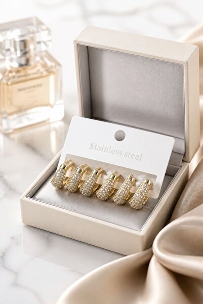 LYKOS Steel Gold Color Zircon Stone Drop Hoop Earring Set