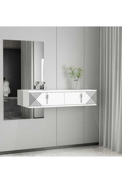 morepp Carmen 90 cm Duvara Monte Kapaklı Raflı Makyaj Masası Dresuar Beyaz-Gümüş