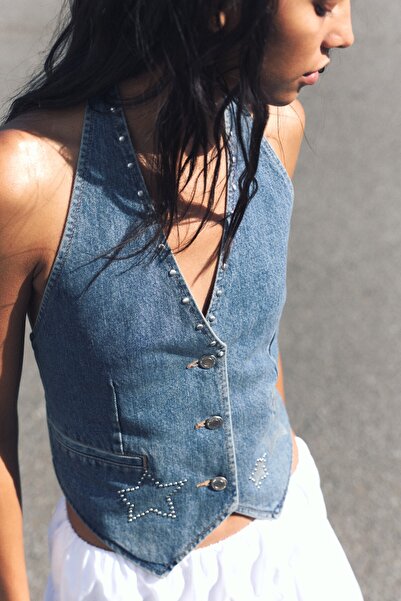 Pull & Bear Yıldız ve zımba detaylı denim yelek