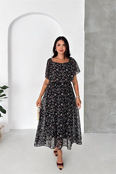 Neşeli Butik Women's Multi-Colored Madonna Collar Chiffon Patterned Midi Leng...