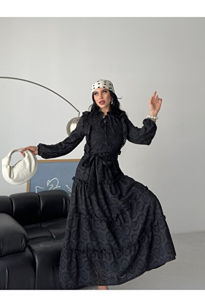 D'RECCY Women's Special Design Nevrür Detailed Belted Scallop Long Hijab Dress