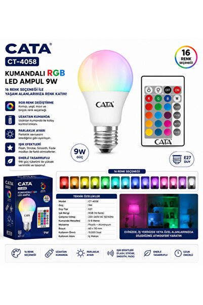 Cata CT-4058 Kumandalı RGB LED Ampul 9W E27 16 Renk Uzaktan Kumandalı