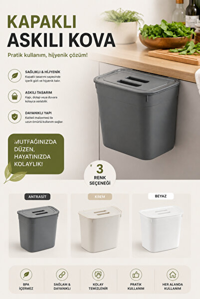 Virela Home Kapaklı Askılı Çöp Kovası Mutfak Dolap İçi Çöp Kovası Tezgah Askı...