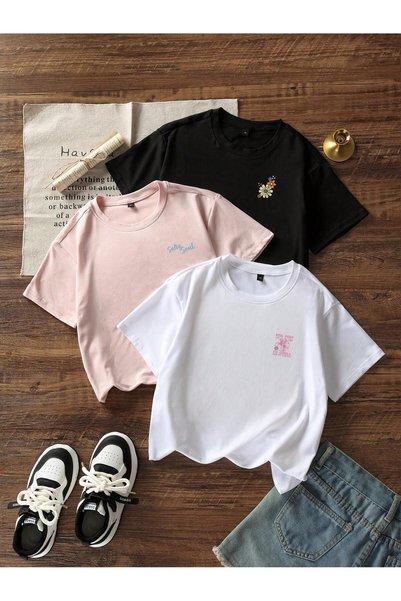 SVART WEAR Printed Black - White - Pink 3-Piece Children's T-Shirt 100% Cotton Short Sleeve Knitted Crew Neck