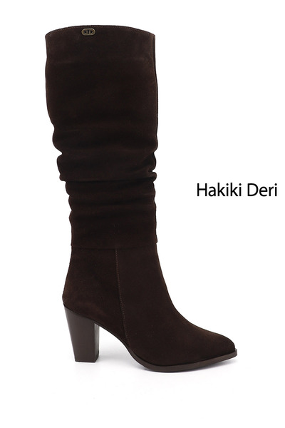 GÖNDERİ(R) Women's Brown Suede Pointed Toe Thick Heeled Genuine Leather Boots