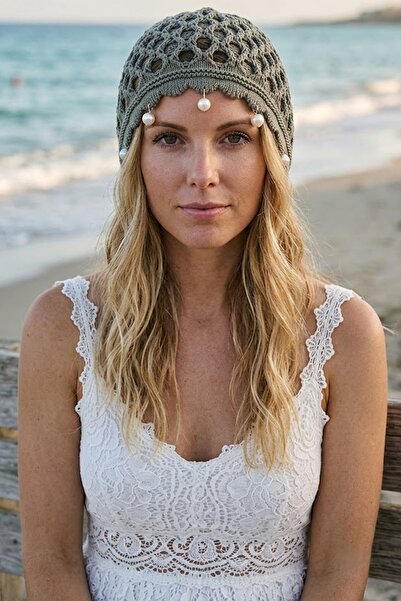 CAŞ DEKORASYON Green Color Pearl Mesh Knitted Hair Bandana Hat