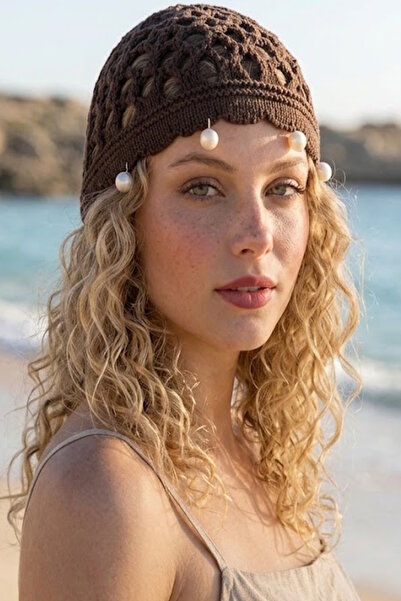 CAŞ DEKORASYON Dark Brown Pearled Mesh Knitted Hair Bandana Hat