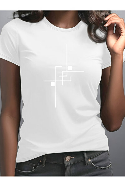 121 Women's Trendy Round Neck Short Sleeve T-Shirt, Abstract Geometric Design...