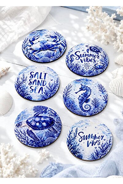 nesnelgift Salt Sand Sea Sea Themed Set of 6 Coasters, 9 cm Mdf Wood Blue White
