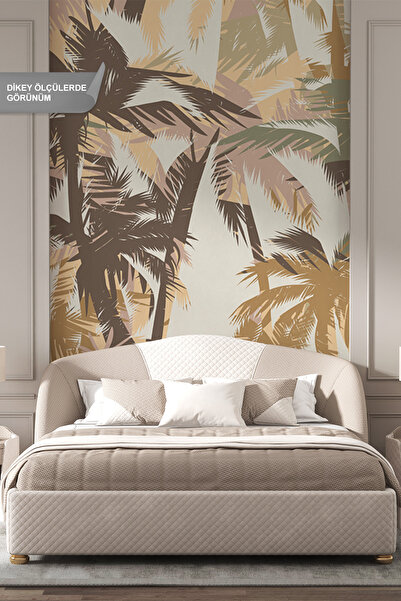 dreamwall Retro Palmiye Ağaçları ve Ahşap Panel Efektli Tek Parça Tekstil Duv...